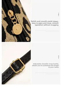 Detail of leopard print bag featuring smooth gold zipper and adjustable black leather strap