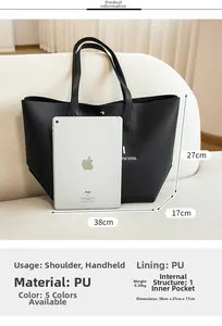 Comparaison de taille d'un grand sac cabas noir en cuir PU avec iPad, dimensions 38x27x17cm