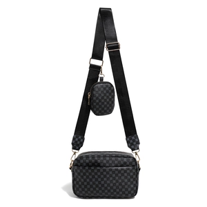 Set borsa a tracolla nera alla moda con stampa geometrica e ampia tracolla in nylon