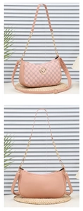 Detailed front and back views of a pink crescent bag with metal M logo and chain strap