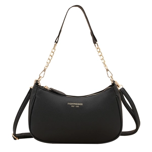 Fashionable black crescent shoulder bag with lychee texture and gold chain strap detail