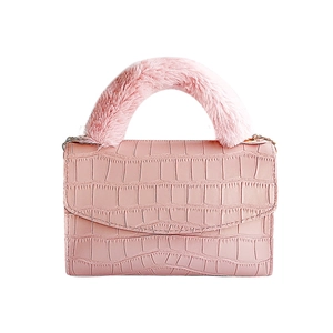Pink croc-embossed small square handbag with faux fur handle and gold hardware