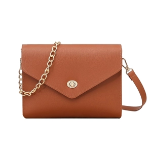 Classic brown pebble leather envelope crossbody bag with gold twist lock and chain strap