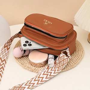 Caramel brown multi-layer crossbody bag with wide jacquard strap and large capacity
