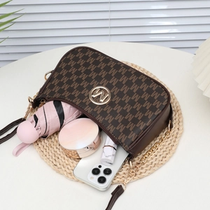 Vintage brown monogram crossbody bag with gold chain strap and internal storage view