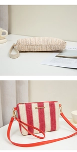 Macro detail of red and white woven texture with a gold metal logo on a stylish crossbody bag