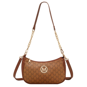 Classic brown monogram half-moon crossbody bag with golden M logo and chain strap
