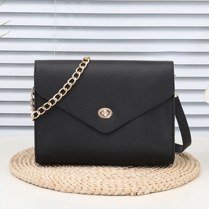 Minimalist black lychee texture flap shoulder bag with gold chain strap and twist lock