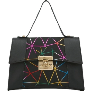 Minimalistische schwarze Laser-Umhängetasche mit buntem Geometriemuster und Goldschloss