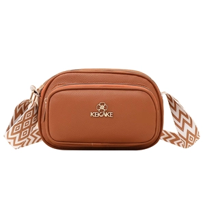 Brown litchi leather crossbody bag with logo and wave pattern wide fabric strap