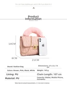 Detailed view of pink quilted handbag size 21x14cm with fluffy handle and gold chain