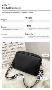 Détails du sac à bandoulière noir gaufré avec dimensions et caractéristiques en PU léger
