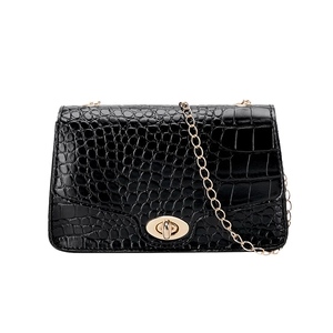 Minimalist black crocodile pattern chain crossbody bag with golden metal turn lock