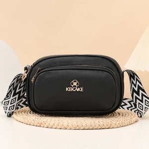 Women Litchi Pattern PU Leather Crossbody Bag Simple Camera Bag Dual Zipper Wide Geometric Strap Fashion Lady Handbag