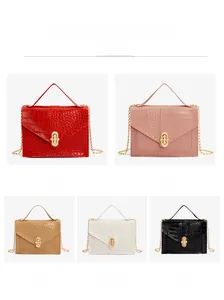Crocodile pattern handbag in 5 colors with flower lock and metal chain detail