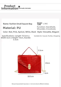Detail view of red crocodile pattern square bag with pearl clasp and dimensions
