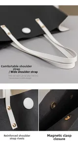 Detail view of tote bag showing comfortable wide straps, rivets and magnetic buckle closure
