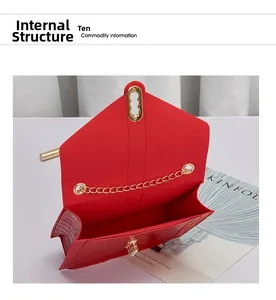 Detail view of red crocodile pattern chain bag showing single compartment interior space