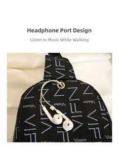 Detail showing the headphone jack design and brand print on black crossbody bag