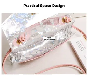 Vue macro du mini sac laser iridescent avec bandoulière rose et compartiment interne