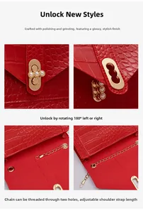 Detail of red crocodile texture bag showing the metal twist lock and chain adjustment