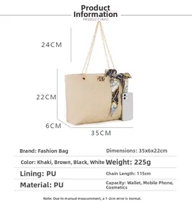 Quilted tote bag detail showing khaki PU texture and dimensions 35x22x6cm with chain