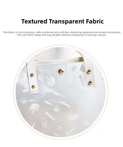 Detail of transparent PVC tote bag with makeup prints and gold rivet reinforcements