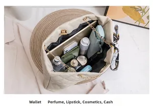 Spacious tote bag interior view showing tablets, cosmetics, and silk scarf detail