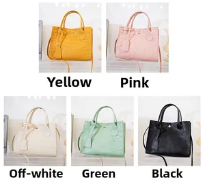 Collage of embossed tote bags for women in yellow, pink, off-white, green, and black