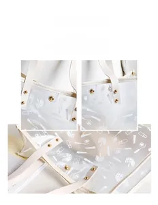 Detail of transparent PVC tote bag featuring white makeup prints and golden metal studs