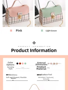 Detailed view of pink and green plaid bags with gold hardware and size dimensions