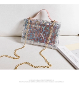 Détail du mini sac holographique transparent avec poignée rose et chaîne dorée