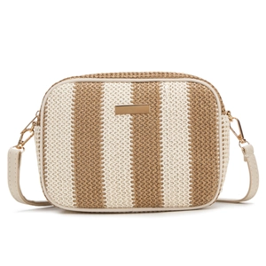 Straw camera bag with brown and beige vertical stripes and leather crossbody strap
