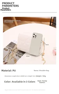 White quilted crossbody bag size comparison and detailed dimensions showing 20x8x14cm