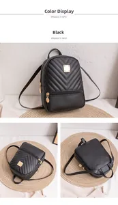 Detailed views of black mini PU leather backpack with V-quilted texture and gold hardware