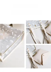 Detail of transparent PVC tote bag with white cosmetic prints and PU leather handle rivets