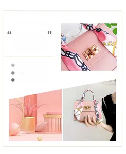 Detailed view of pink leather handbag with silk scarf wrapped handle and gold square twist lock