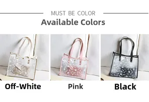 Detailed comparison of semi-transparent PVC tote bags in cream, pink and black colors