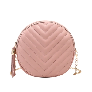 Pink round crossbody bag with chevron quilting and golden chain strap for women