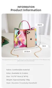 Rainbow gradient crossbody bag with 19.5cm length showing size specs and chain detail
