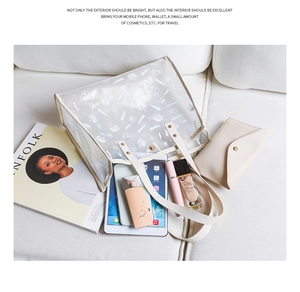 Detail of transparent PVC tote bag with white cosmetic print and matching small pouch