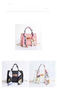 Detailed view of candy-colored PU leather handbags with silk scarf and metal chain strap