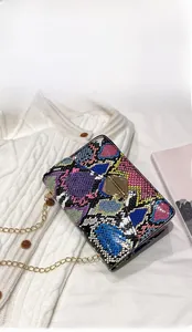 Detailed view of multicolor snakeskin print crossbody bag with gold geometric lock