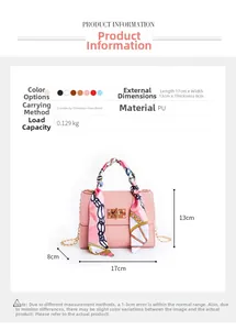 Detailed size chart of the pink PU crossbody handbag with scarf wrapped handle
