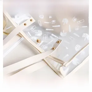 Detail of transparent PVC tote bag with white cosmetic prints and gold rivet hardware