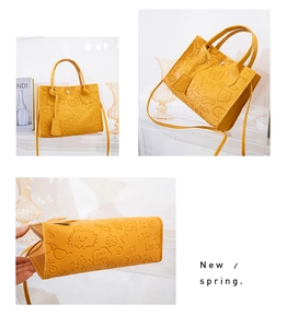 Detailed views of yellow embossed tote bag showing handle, strap, and bottom texture