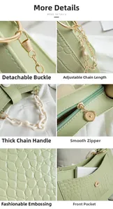 Detailed views of light green hobo bag with crocodile texture and acrylic chain strap