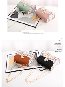 Detailed display of plaid chain handbags in green, pink, brown, and black colors