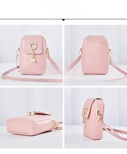 Multiple views of a pink woven mini shoulder bag with gold cat buckle and pearl charms