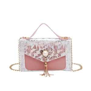 Mini sac à main rose holographique à paillettes avec fermoir perle et chaîne à pompon